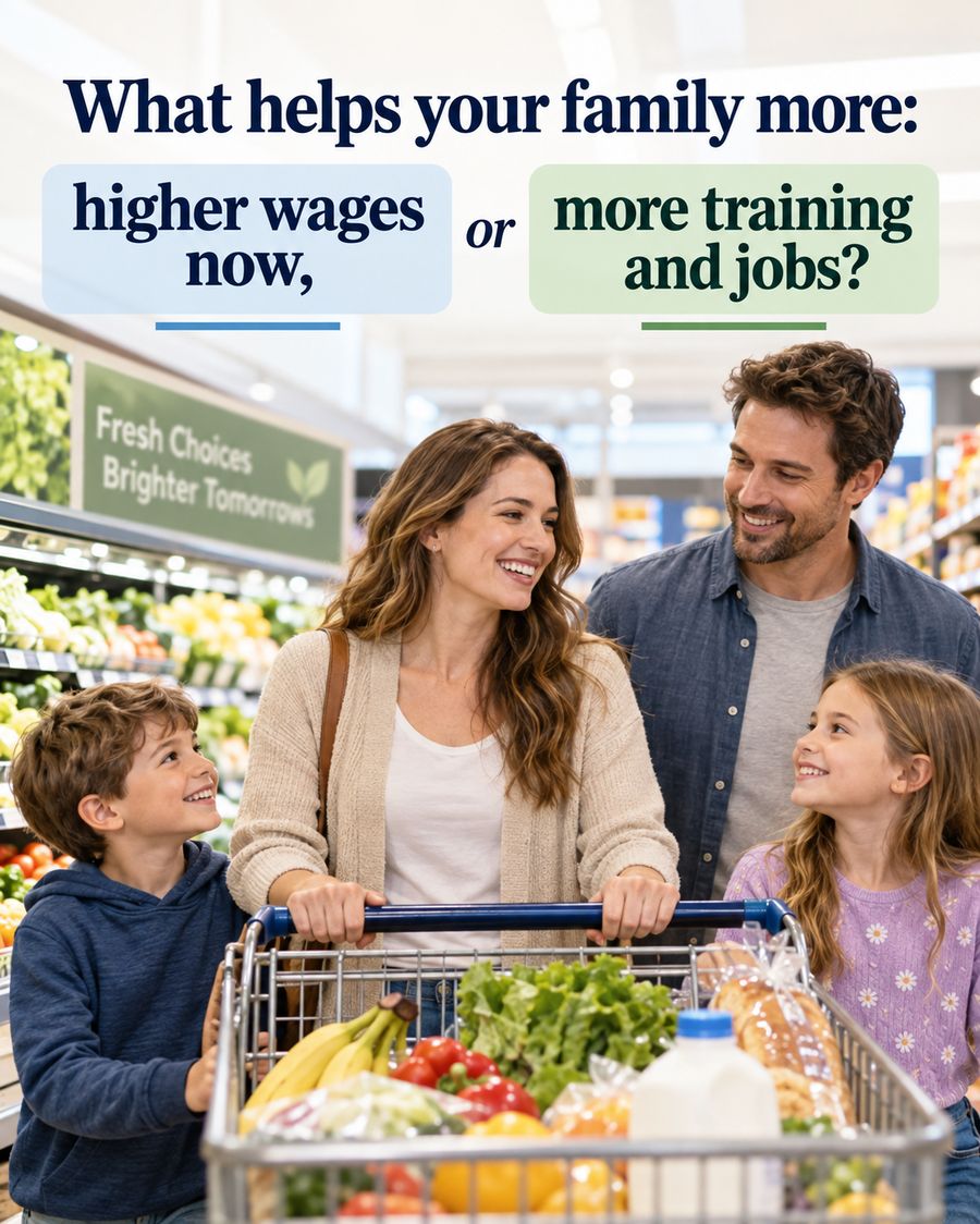 Illustration: a family shopping for groceries, with the question: What helps your family more, higher wages now or more training and jobs?